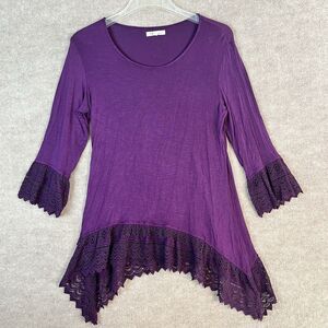 Whimsigoth Purple Top Blouse Whimsy Crochet Rayon Stretchy Bell Sleeve Boho Sz M